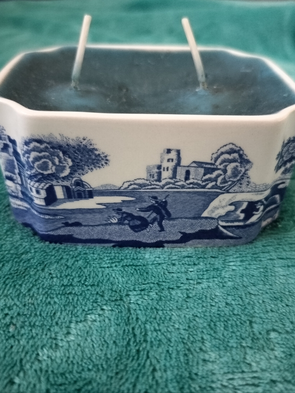 Spode Blue Italian Double Wick Rectangular Candle Bowl Made In England Vintage